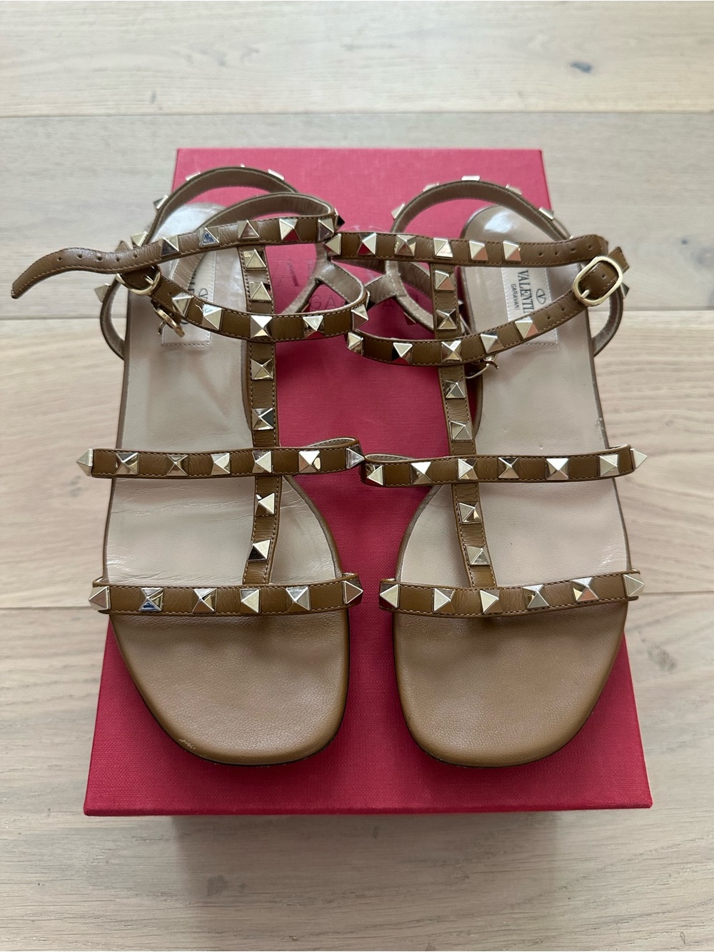 Valentino Tan Rockstud Strappy Leather Sandals